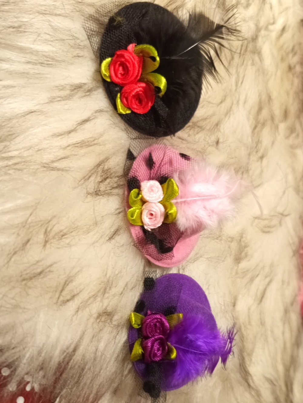 Absolutely Adorable Black Pink Purple Mini Feather Rose Hair Clips